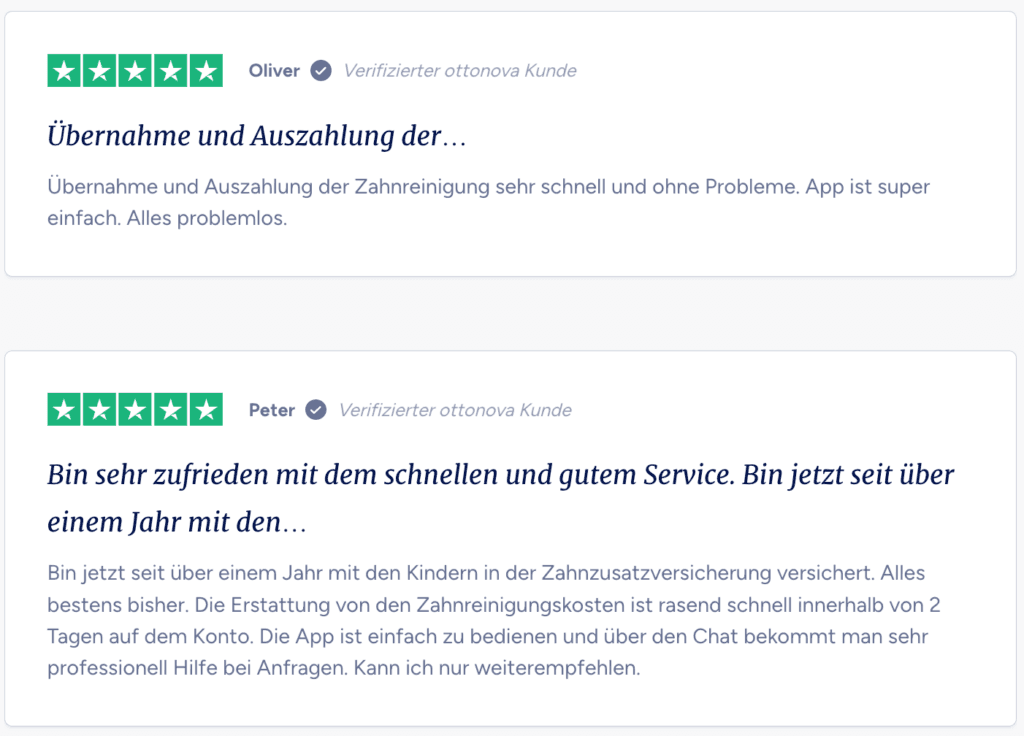 Zwei Fünf-Sterne-Bewertungen verifizierter ottonova Kunden auf Trustpilot zu Zahnreinigung, Erstattungsdauer und App
