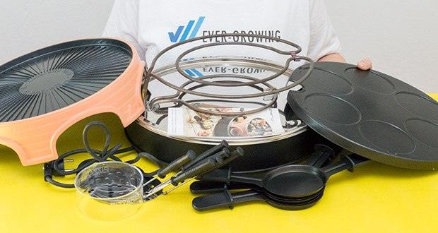 Emerio Pizzaofen PIZZARETTE 3 in 1 Pizza-Raclette-Grill im Test - Lieferumfang: Basisgestell, Haube mit Grillfläche, 6 Raclette-Pfännchen, 6 Pizzaheber, 1 Ausstechform (11cm), Bedienungsanleitung