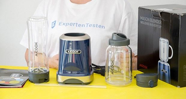 AICOOK Smoothie Maker im Test - Liferumfang: Motorbasis, Mason Flasche, Sport Flasche, Abnehmbarer Rühransatz mit Edestahl-Klingen, Strohhalm, Rezeptbuch, Gebrauchsanleitung, Garantiekarte