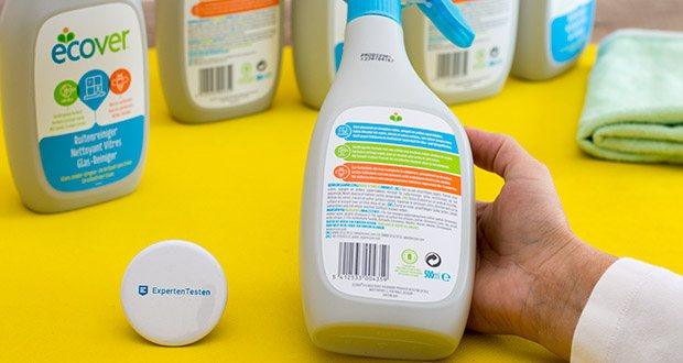 Ecover Glas- und Fenster-Reiniger im Test - Inhaltsstoffe: 5 %: nichtionische Tenside, Duftstoffe (enthält Limonene), Wasser, Alkohol, Zitronensäure