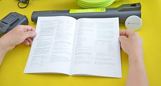 SnapFresh Akku Laubbläser im Test - kann bis zu 15-30 Minuten ununterbrochen arbeiten (abhängig von Geschwindigkeit)