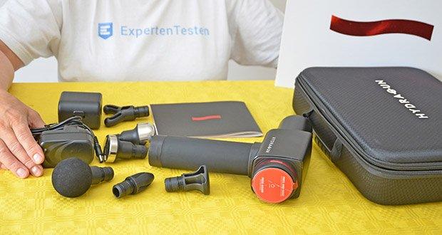 Hydragun Massagepistole im Test - Lieferumfang: 1x Hydragun Schlagtherapie Massagegerät, 6x wechselbare Massageköpfe, 1x Ladegerät, 1x Benutzerhandbuch, 1x Tragbare Tragetasche