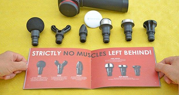 Hydragun Massagepistole im Test - Zubehör: 6x wechselbare Massageköpfe (4 normale, 2 aus Edelstahl)