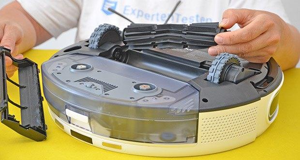 Yeedi Mop Station Roboter-Mopp im Test - die Silikonbürste von yeedi entfernt Haare und Tierhaare mühelos, ohne sich zu verheddern, während sich die Seitenbürste an alle Oberflächen und Ecken anpasst, um die Verschmutzungen aufzunehmen, bevor Sie sie bemerken