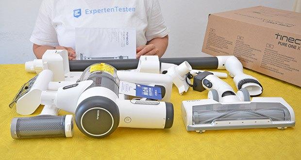 Tineco Akkustaubsauger Pure One X im Test - Lieferumfang: 1y Tineco Akkustaubsauger Pure One X, 1x Große motorisierte Multifunktionsbürste mit LED-Beleuchtung, 1x 2-in-1-Staubbürste, 1x Mini-Turbobürste, 1x Fugendüse, 1x Zusätzlicher Vorfilter, 1x Reinigungswerkzeug für Vorfilter, 1x Haarreinigungswerkzeug, 1x Wandhalterung und 1x Bedienungsanleitung