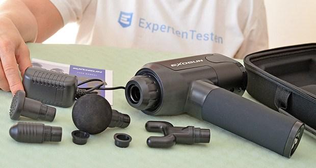 ExoGun DreamPro Massagepistole im Test - Lieferumfang: 1x ExoGun DreamPro Massagepistole, 4x wechselbare Massageköpfe, 1x Ladegerät, 1x Tragetasche, 1x Anleitung