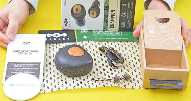 House of Marley True Wireless Champion In-Ear Ohrhörer im Test - Set enthält: Ladecase, 2 True Wireless Champion Kopfhörer, 3 Paar auswechselbare Ohrstöpsel in verschiedenen Größen, USB-C-Ladekabel, Begrüßungskarten, Kurzanleitung