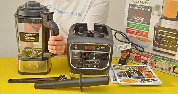 Ninja Foodi Mixer & Suppenkocher HB150EU im Test - Lieferumfang: 1x Motorbasis, 1x 1.7L Glaskrug mit eingebautem Heizelement, 1x Krugdeckel mit abnehmbarer Mittelkappe, 1x Stopfer, 1x Reinigungbürste, 1x Bedienungsanleitung, 1x Rezeptbuch