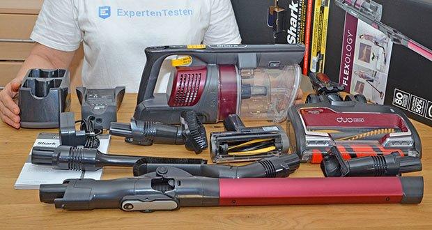 Shark Anti Hair Wrap Akku-Staubsauger IZ251EUT im Test - Lieferumfang: 1x Hauptgerät, 1x Motorisierte Tierhaarbürste, 1x Fugendüse, 1x Staubbürste, 1x Polsterdüse, 1x Anti-Allergen-Staubbürste, 2x Litium-Ionen-Akku, 1x Akku-Ladekabel, 1x Doppel-Akku-Ladestation, 1x Kurzanleitung, 1x Bedienungsanleitung