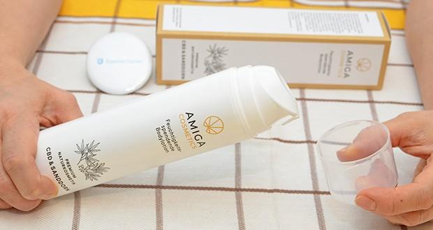 Amiga Cosmetics Feuchtigkeitsspendende Bodylotion mit CBD & Sanddorn im Test - verwöhnen die Inhaltsstoffe die Haut mit einer beruhigenden, pflegenden und hydratisierenden Wirkung