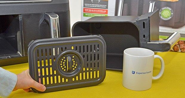 Ninja Foodi Dual Zone Heißluftfritteuse AF300EU im Test - Lieferumfang: 1x Hauptgerät, 2x Antihaft-Knusperblech, 2x Antihaft-Korb, 1x Bedienungsanleitung, 1x Kurzanleitung