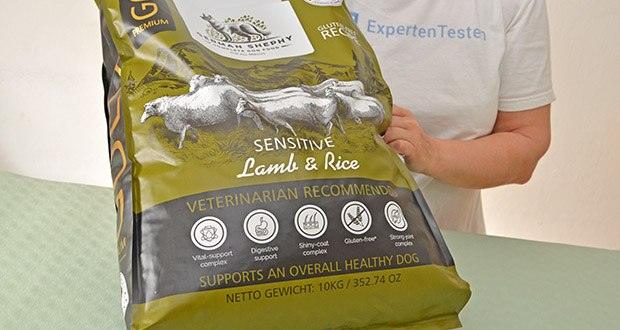 German Shephy Sensibelchen Lamm & Reis Hundetrockenfutter im Test - analytische Bestandteile: Protein 22,5 % Fettgehalt 13,5 %, Rohfaser 2,5 % Rohasche 8,3 %