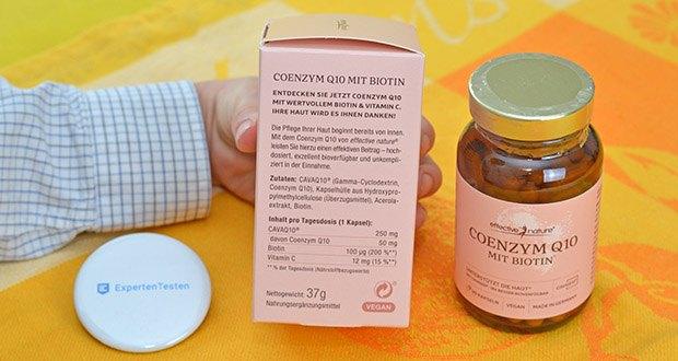 effective nature Coenzym Q10 Kapseln mit Biotin im Test - Zutaten: CAVAQ10 (Gamma-Cyclodextrin, Coenzym Q10), KapselhĂĽlle aus Hydroxypropylmethylcellulose (Ăśberzugsmittel), Acerolaextrakt, Biotin