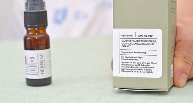 HERBLIZ Klassisch Vollspektrum CBD Ă–l 10% Mundpflegespray im Test - Inhaltsstoffe: Caprylic/Capric Tryglyceride (Coconut Oil), Cannabis Sativa (Hemp) Leaf Extract