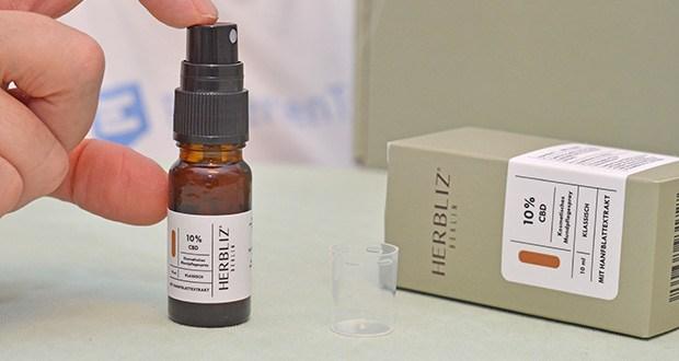 HERBLIZ Klassisch Vollspektrum CBD Öl 10% Mundpflegespray im Test - Anwendung: maximal 3 Pumpstöße bis zu 3 Mal täglich