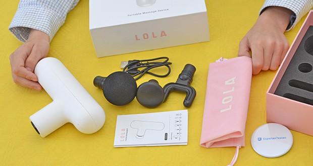 Lola Mini-Massagepistole im Test - Lieferumfang: 1x Lola Mini-Massagepistole, 4x Massageköpfe, USB-Ladekabel, 1x Reisetasche, 1x Bedienungsanleitung
