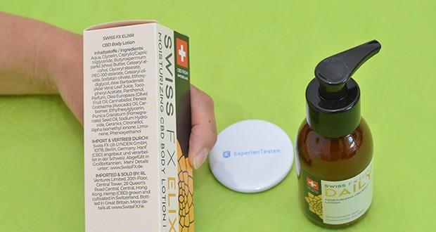 SWISS FX CBD Body Lotion im Test - Inhaltsstoffe: Aqua, Glycerin, Caprylic/Capric Triglyceride, Butyrospermum parkii (Shea) Butter, Cetearyl alcohol, Glyceryl stearate, PEG-100 stearate, Cetearyl olivate, Sorbitan olivate, Ethoxydiglycol, Aloe Barbadensis (Aloe Vera) Leaf Juice, Tocopheryl Acetate, Panthenol, Parfum, Olea Europaea (Olive) Fruit Oil, Cannabidiol, Persea Gratissima (Avocado) Oil, Carbomer, Ethylhexylglycerin, Punica Granatum (Pomegranate) Seed Oil, Sodium Hydroxide, Geraniol, Citronellol, Alpha Isomethyl ionone, Limonene, Phenoxyethanol