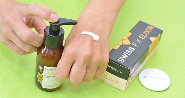SWISS FX CBD Body Lotion im Test - auf gezielte Bereiche auftragen, indem 1-2 Pumpstöße der Lotion sanft in die Haut einmassiert werden