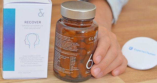 CLAV N°6 Recover Schlafmittel im Test - Bestandteile: L-Tryptophan, Überzugsmittel: Hydroxypropylmethylcellu- lose, Passionsblumenkraut-Pulver, Baldrianwurzel-Extrakt, Glycin, Melisse-Extrakt, L-Glutamin, Hopfen-Extrakt, Mela- tonin, Methylcobalamin, Pteroylmonoglutaminsäure
