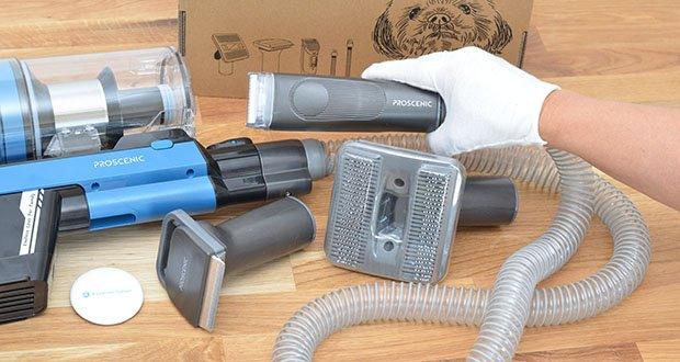 Proscenic I10 Akku-Staubsauger im Test - mit Staubsauger zu kombinierende Tierpflegeset sammelt beim Kämmen und Trimmen 99 % der Tierhaare in den Staubbehälter