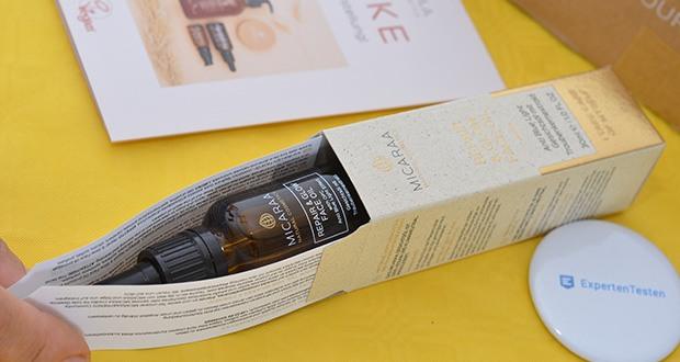 MICARAA Repair & Glow Gesichtsöl im Test - Hauptinhaltsstoffe: Radicare Gold (Anti Blue Light), Traubenkernextrakt (OPC), Cacayöl, Krambeöl, Mandelöl, Hagebuttenöl, Arganöl