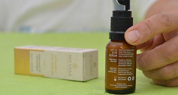 MICARAA Augenserum mit Vitamin C im Test - Inhaltsstoffe: Aloe Barbadensis Leaf Juice*, Caprylic/Capric Triglyceride, Pentylene Glycol, Glycerin, C10-18 Triglycerides, Hydrogenated Lecithin, Squalane, Citrus Aurantium Amara Flower Water, Aqua, Ascorbyl Glucoside, Sodium Hyaluronate, Arginine, Silica, Sodium Lactate, Xylitylglucoside, Xantham Gum, Anhydroxylitol, Glyceryl Stearate Citrate, Caffeine, Xylitol, Tocopherol, Argania Spinosa Kernel Oil*, Caryodendron Orinocense Seed Oil, Prunus Amygdalus Dulcis Oil*, Simmondsia Chinensis Seed Oil*, Glucose, Helianthus Annuus Seed Oil*, Lactic Acid, Potassium Benzoate, Potassium Sorbate, Citric Acid *aus kontrolliert biologischem Anbau