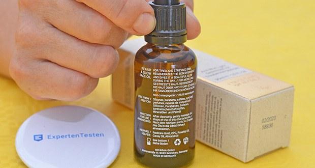 MICARAA Repair & Glow Gesichtsöl im Test - Inhaltsstoffe: Squalane, Caprylic / Capric Triglyceride,Prunus Amygdalus Dulcis*, Rosa Canina Seed Extract, Vitis Vinifera Seed Oil, Caryodendron Orinocense Seed Oil, Argania Spinosa Kernel Oil*, Simmondsia Chinensis Seed Oil*, Crambe Abyssinica Seed Oil, Linoleic Acid, Citrus Limon (Lemon) Peel Oil, Citrus Nobilis Oil, Citrus Aurantium Dulcis (Orange) Peel Oil, Dipteryx Odorata Seed Extract, Beta Carotene, Xanthophylls, Tocopherol, Rosmarinus Officinalis (Rosemary) Leaf Extract, Helianthus Annuus (Sunflower) Seed Oil*, Alcohol, Vanilla Planifolia Fruit Extract, Limonene, Coumarin *aus kontrolliert biologischem Anbau