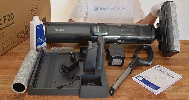 Proscenic WashVac F20 Saugwischer im Test - Lieferumfang: 1x Proscenic WashVac F20 Nass-Trocken-Sauger, 1x Ladestation inkl. integrierter Trocknungsfunktion, 1x Ersatzbare Bürsterolle, 1x Filter, 1x Ladekabel, 1x Proscenic Bodenreinigungsmittel, 1x Reinigungsbürste für Wassertank, 1x Bedienungsanleitung