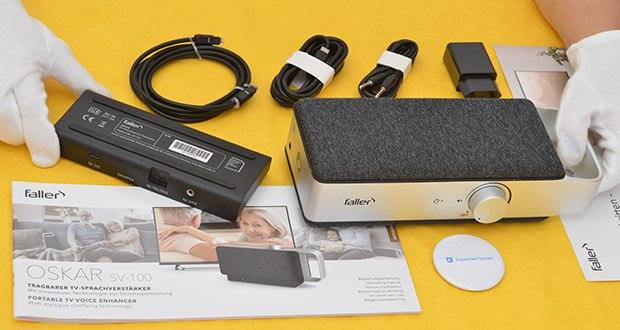 Faller Oskar trabbarer TV-Sprachverstärker im Test - Lieferumfang: OSKAR TV-Sprachverstärker, Basisstation (Sende- und Ladestation), Optisches Audiokabel, 3,5 mm, Audiokabel (Klinke), USB-Kabel, USB-Netzteil, Bedienungsanleitung