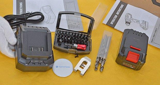 DCK 20V Akku Schlagbohrschrauber KDJZ03-13 im Test - Zubehör: 32-teiliger Schraubendreher-Bits Set, 8-teiliger Bohrer-Bits Set, Ladegerät & Ladegerät