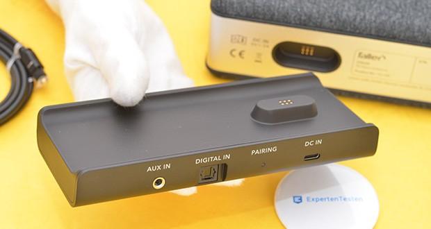 Faller Oskar trabbarer TV-Sprachverstärker im Test - Anschlüsse Basisstation: AUX-In (3,5 mm Klinke), Toslink (Optischer Audioeingang), USB-Port (USB-C, input: DC 5.0 V 2.0 A); OSKAR: Kopfhöreranschluss AUX-Out (3,5 mm Klinke), USB-Port (USB-C, input: DC 5.0 V, 2.0 A)