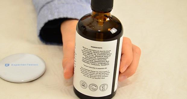 Herbliz Rose CBD Massageöl im Test - Inhaltsstoffe: PRUNUS AMYGDALUS DULCIS (Sweet Almond) OIL, PRUNUS ARMENIACA (Apricot) KERNEL OIL, CANNABIS SATIVA (Hemp) SEED OIL, SESAMUM INDICUM (Sesame seed) OIL, CANNABIDIOL (synthetically produced), PELARGONIUM GRAVEOLENS (Rose Geranium) EXTRACT, *CITRONELLOL, *GERANIOL, *LINALOOL, *EUGENOL. *occurs naturally in essential oils