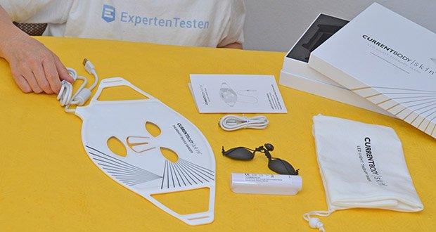 CurrentBody Skin LED Lichttherapie Maske im Test - Lieferumfang: CurrentBody Skin LED Maske, USB-Ladekabel, Bedienungsanleitung