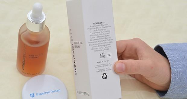 CurrentBody Skin Grün-Tee Serum im Test - Inhaltsstoffe: Aqua (Wasser), Glycerin, Propylene Glycol, Polysorbate 20, Polyacrylate Crosspolymer-6, Phenoxyethanol, Ethylhexylglycerin, Camellia Sinensis Leaf Extract, Parfum (Duft), Citric Acid, Sodium Gluconate, Potassium Sorbate, Sodium Benzoate, Citral, Geraniol, Hexyl Cinnamal, Limonene, Linalool