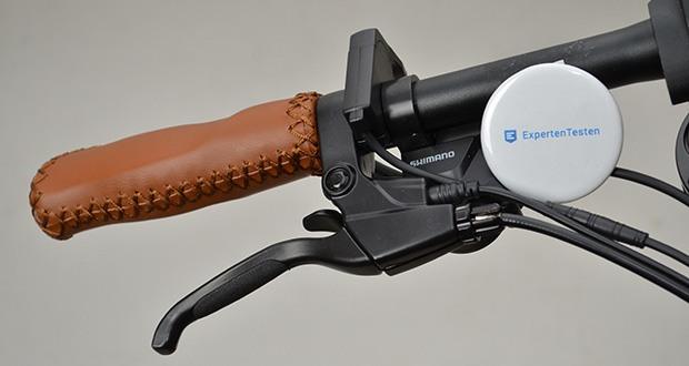 myvélo Zürich Elektro-Klapprad im Test - Schaltgruppe: Shimano 7-Gangschaltung; Griffe: Komfortgriffe in veganem Leder