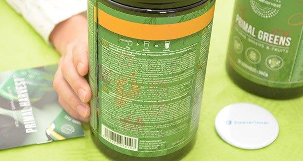Primal Harvest Primal Greens Superfood-Pulver im Test - Zutaten: Energiewert, Fett, Kohlenhydrate, Proteine, Ballaststoffe, Salz, Vitamin A (Beta Carotin), Vitamin B1 (Thiamin), Vitamin B2, Vitamin B3, Vitamin B6, Vitamin B12, Vitamin C, Vitamin E, Kalzium, Chrom, Kupfer, Eisen, Magnesium, Mangan, Molybdän, Zink, L-alanin, L-Arginin, L-Asparaginsäure, L-Zystin, L-Glutaminsäure, L-Glycin, L-Histidin, L-Trypthopan, L-Isoleucin, L-Leucin, L-Lysin, L-Methionin, L-phenylalanin, L-Prolin, L-Serin, L-Threonin, L-Tyrosin, L-Valin