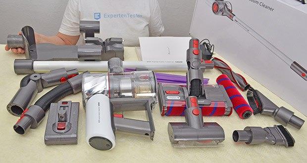 Redroad Lite Akku Staubsauger V17 im Test - Lieferumfang: Hauptmotor, Akku, Verlängerungsrohr aus Metall, Netzteil, Bodendüse, Fugendüse, weiche Bürste, Spaltdüse, Haustierbürste, Verlängerungsschlauch, Ellenbogenbauteile, Wandhalterung, HEPA Filter, Bedienungsanleitung