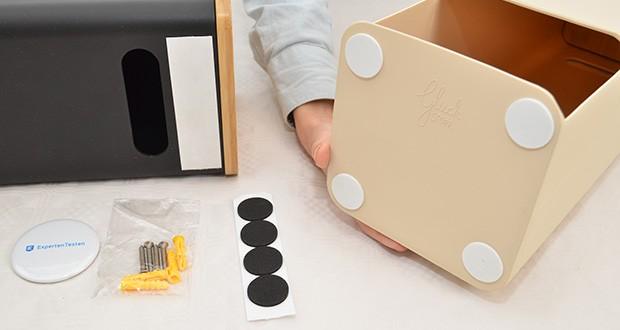 Glückstoff Toilettenpapier Aufbewahrung im Test - das Zubehör zur Wandanbringung (Klebestreifen, Schrauben & Dübel) wird mitgeliefert