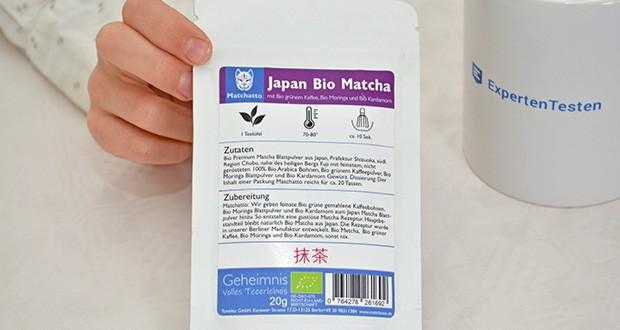 Matchatto Matcha Tee mit grünem Kaffee, Moringa & Kardamom im Test - Zutaten: Bio Matcha, Bio grüner Kaffee, Bio Moringa und Bio Kardamom