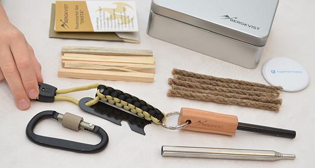 BERGKVIST Feuerstahl Survival Set GNISTA im Test - beinhaltet alles, was du bei deinem Outdoor-Abenteuer benötigst: Zündstahl, Multitool mit Flaschenöffner & Lineal, Paracord, Pfeife u.v.m.