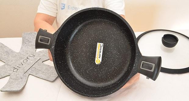 DIVORY Schmorpfanne 28cm im Test - Abmessungen: Pfanne (ohne Deckel) Ø 28 cm, Höhe: 8 cm