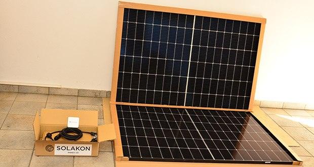 Solakon Balkonkraftwerk 600W im Test - Lieferumfang: 2x Premium-Solarmodule, 1x Wechselrichter, 1x 5m BC01 AC Anschlusskabel, 2x Verlängerungskabel, Bedienanleitungen