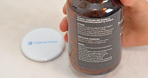 Kurkuma Kapseln Mischung im Test Naturecan Aktives Kurkuma mit Vitamin D3 im Test - Inhaltsstoffe: NovaSOL® Kurkumin-Mischung, Curcuma-Longa-Extrakt, Vitamin D3 (Cholecalciferol), Kapselhülle (Hypromellose), Antioxidationsmittel (Ascorbinsäure)