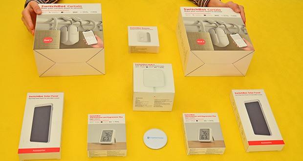 SwitchBot Hub 2 Kit im Test - 1x SwitchBot Hub 2; 1x SwitchBot Remote; 2x SwitchBot Curtain (Rod 2); 2x SwitchBot Solar Panel; 2x SwitchBot Thermometer & Hydrometer Plus