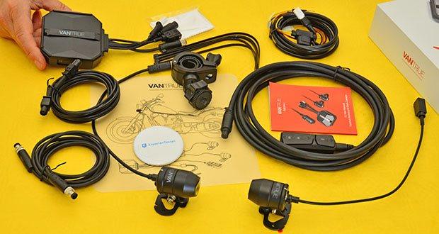 Vantrue Motorrad Dashcam F1 im Test - Lieferumfang: 4k Frontkamera, 1080p Rückkamera, F1 Hauptkamera, Fernbedienung, Ballunterstützung, Stromkabel, Kabel für die Frontkamera, Kabel für die Rückkamera, 3M Klebepads, Kurzanleitung