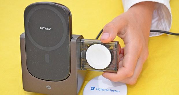 PITAKA MagEZ Slider 2 Ladestation & Powerbank fĂĽr iPhone im Test - Der Power-Dongle an der Seite kann die Apple Watch aufladen