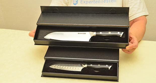 DAMASO Black Pearl Santoku Damastmesser 2er Starter-Set im Test - Edle Verpackung im eleganten Design; perfekt als Geschenk geeignet